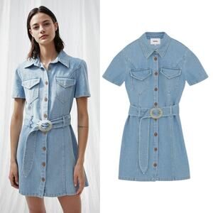 Nanushka Dress‎ Denim Short Sleeve 80s Wash Blue Belted Mini Dress M